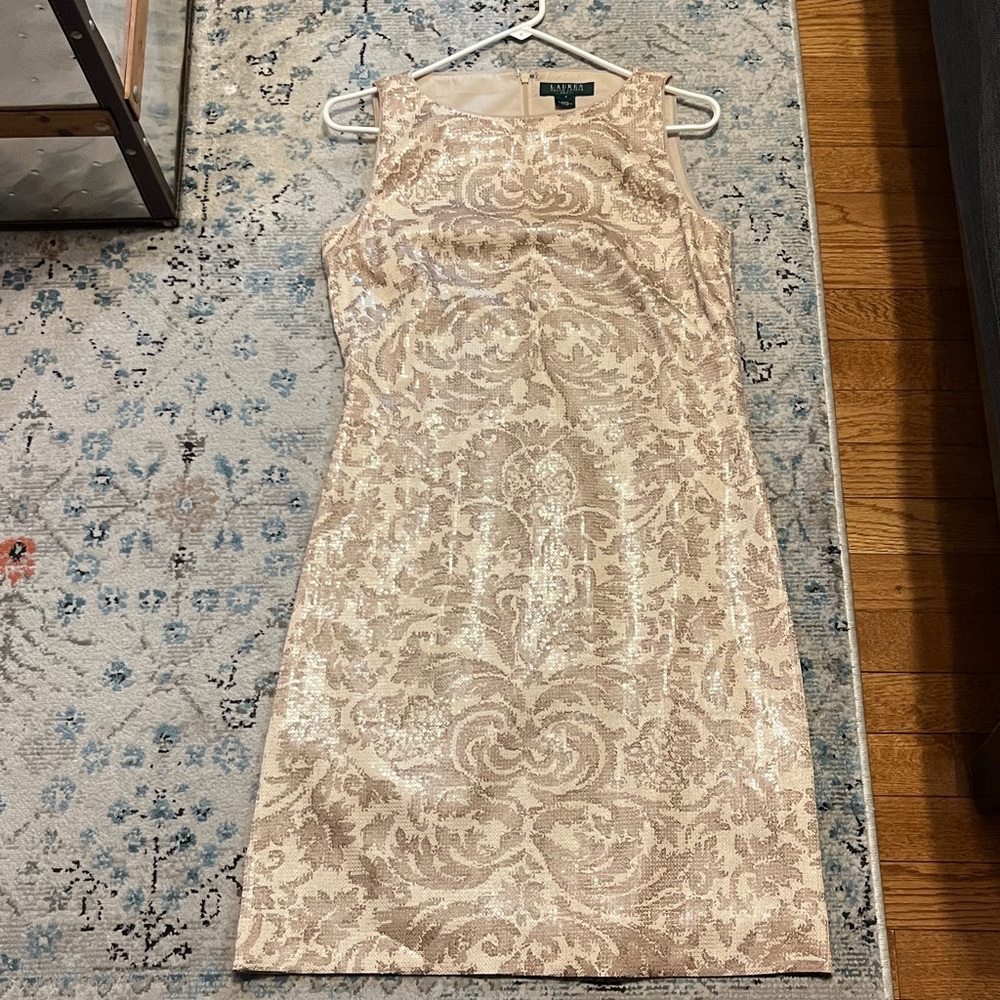 Lauren Ralph Lauren Champagne Sequin Floral Jacquard Dress